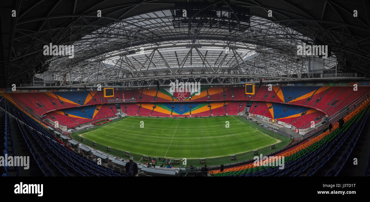 A panoramic image of the inside of the Amsterdam Arena, home of Ajax Amsterdam, in Amsterdam, Netherlands, taken from the top of the upper tier Stock Photo