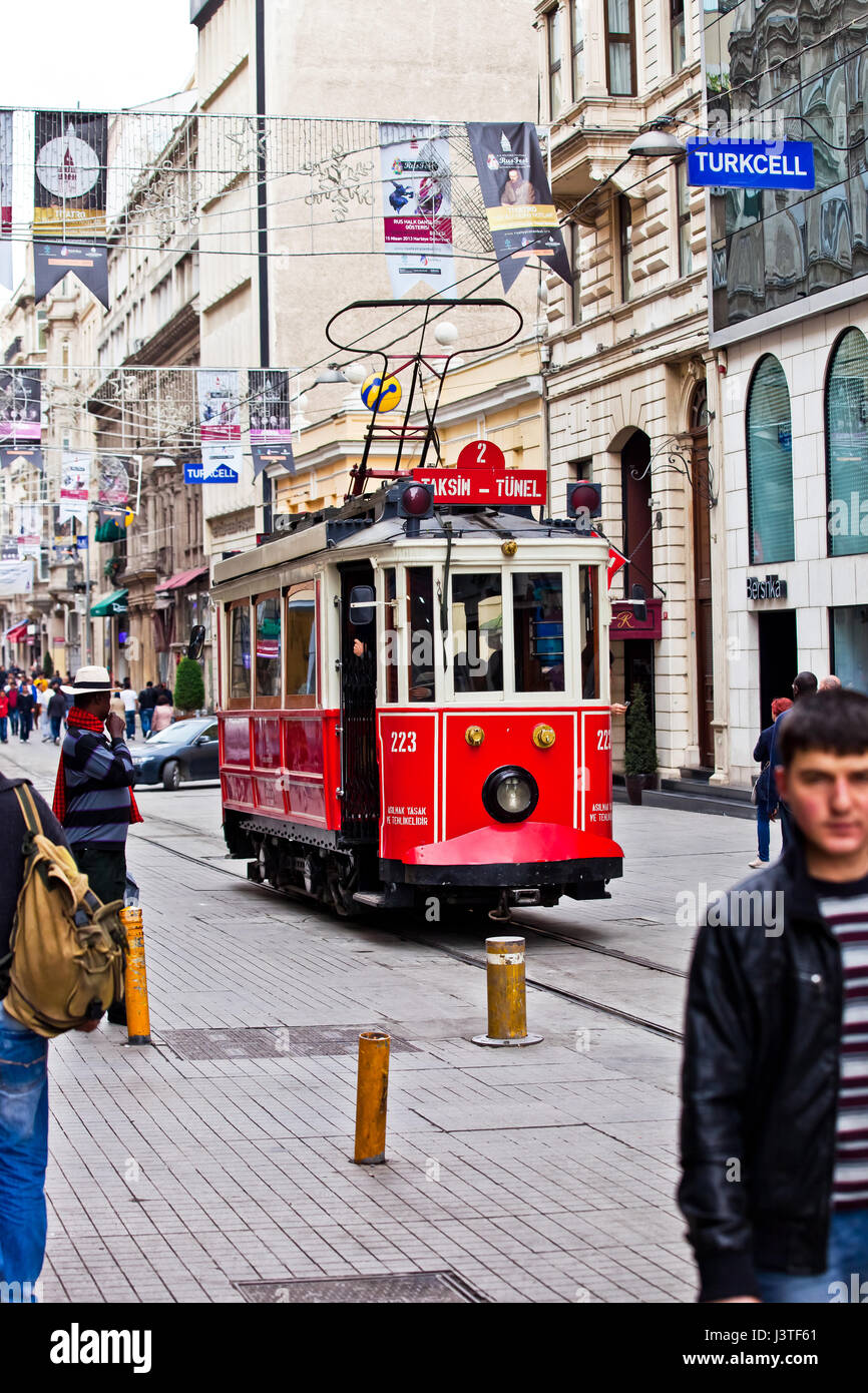 Red old tram, Taksim-Tünel nostalgia tramway in Istanbul city, Turkey Stock Photo