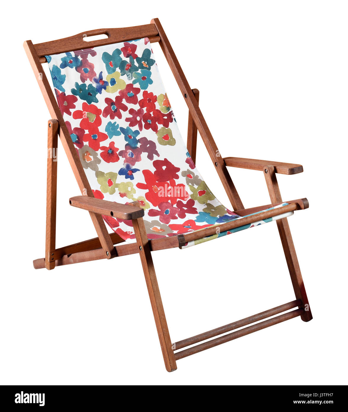 Colorful folding wooden beach with a bold patterned canvas seat