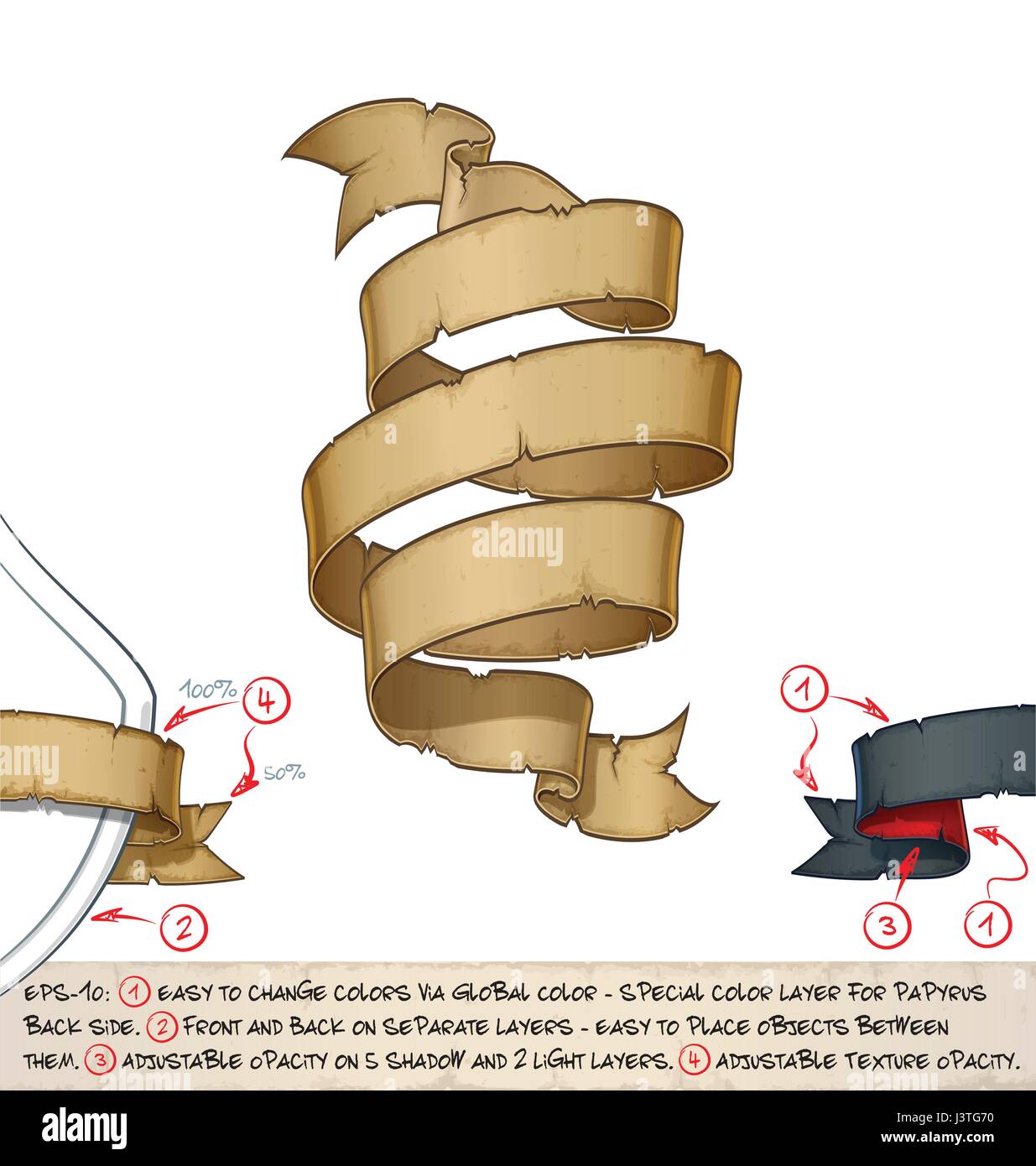 Vector illustration of age old papyrus or parchment ribbons. Neatly ...