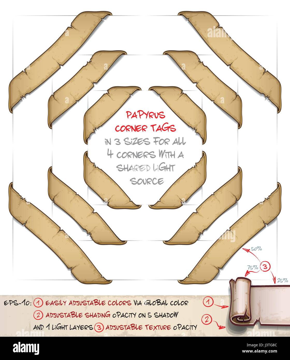 Vector cartoon illustration of aged old papyrus or parchment corner tags. Set of 3 sizes by 4 corners sharing the same light source. Neatly layered an Stock Vector