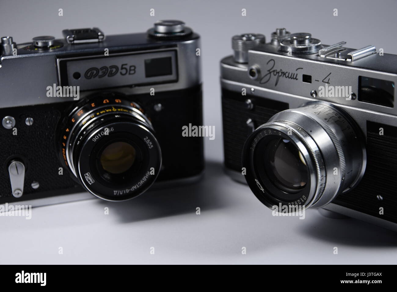 Old soviet camera Zorki 4 and FED 5B with old lenses jupiter 8 50 mm f/2 and industar 55 mm f/2.8 Stock Photo