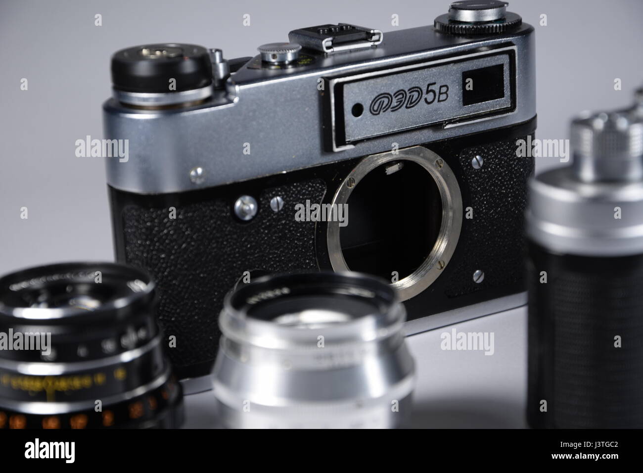 Old soviet camera FED 5B with old lenses Stock Photo