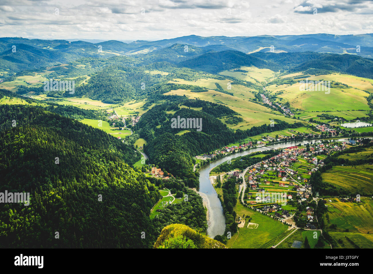 Aerial view from the Trzy Korony peak in the Pieniny mountains in Poland. Stock Photo