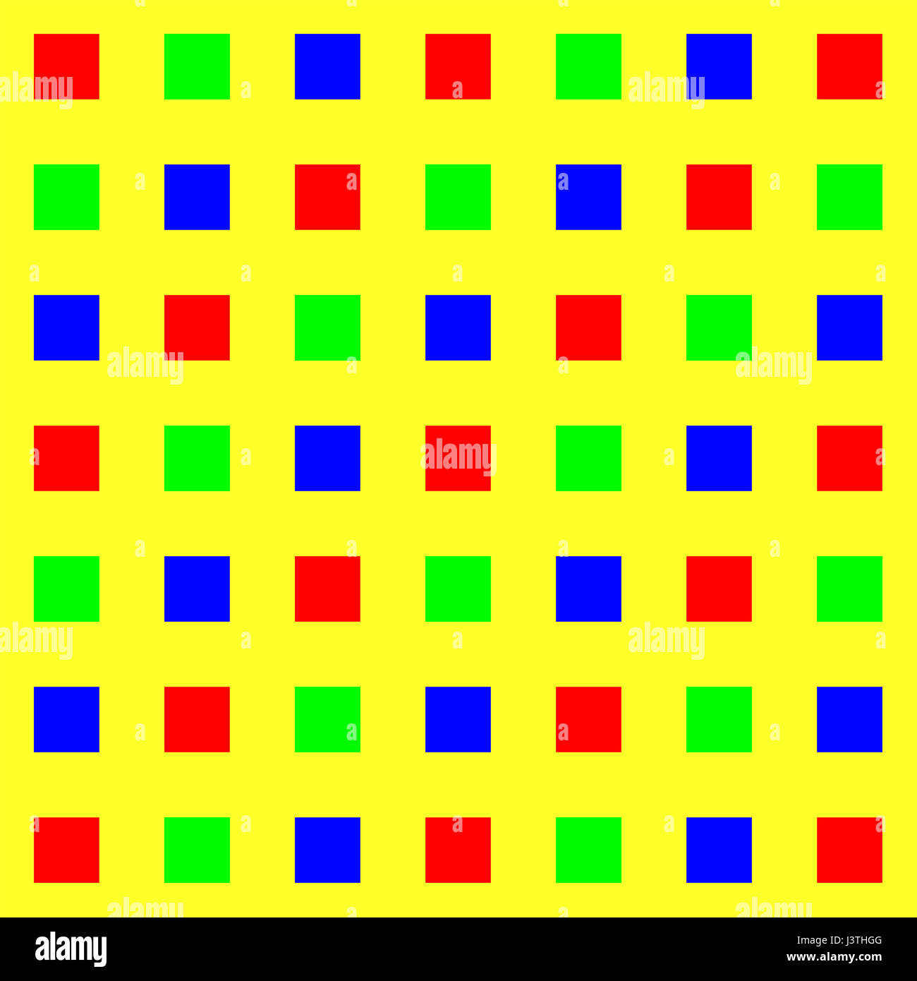 Red Green Blue Squares on Yellow Background. Stock Photo