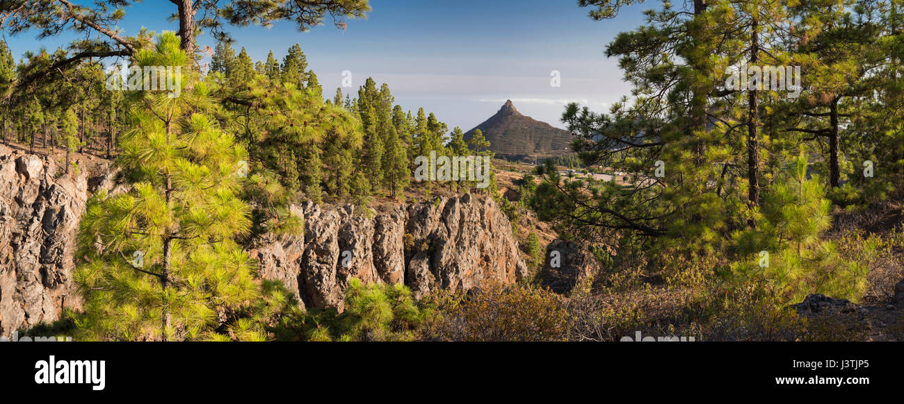 View down the Barranco de las Goteras towards the iconic mountain if Roque  de Imoque, near Ifonche, Tenerife Stock Photo - Alamy
