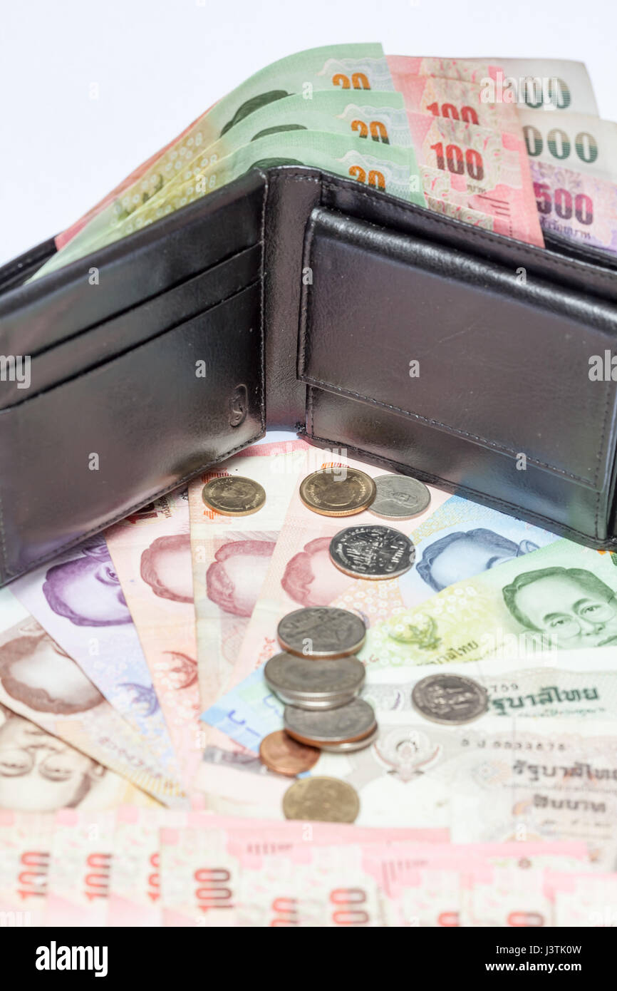 The Thai currency of Thailand is bath,an Wallet Thai bath values Stock Photo