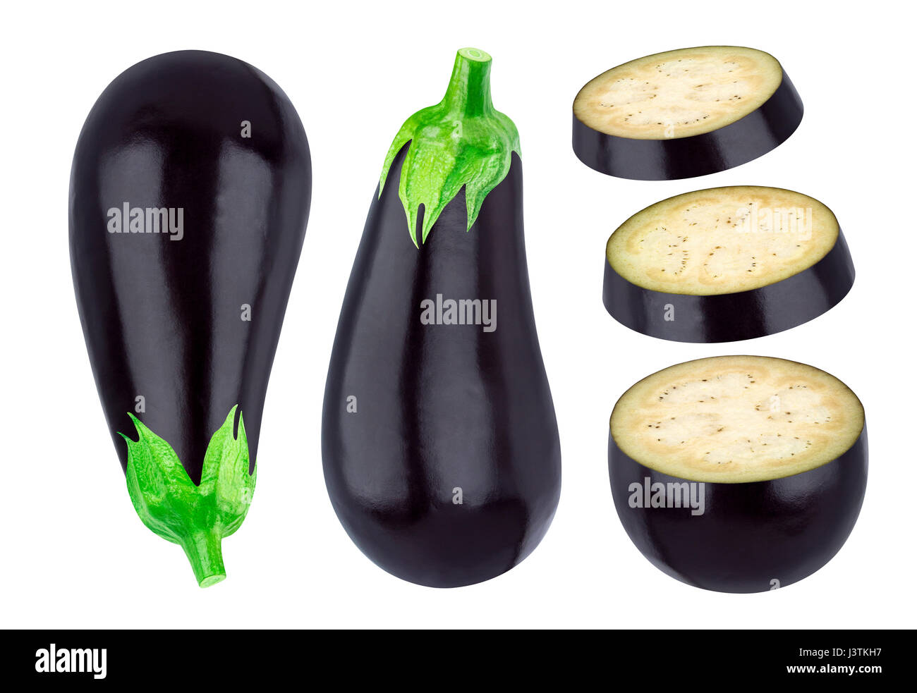 Whole and sliced eggplant isolated on white Stock Photo