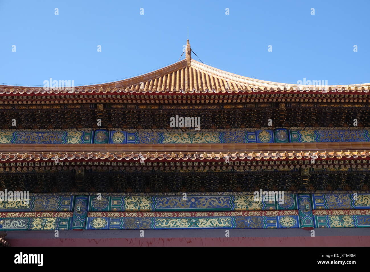 Tiled roof and facade decorated with a Chinese pattern. Palace in The Forbidden City, Beijing, China, February 23, 2016. Stock Photo