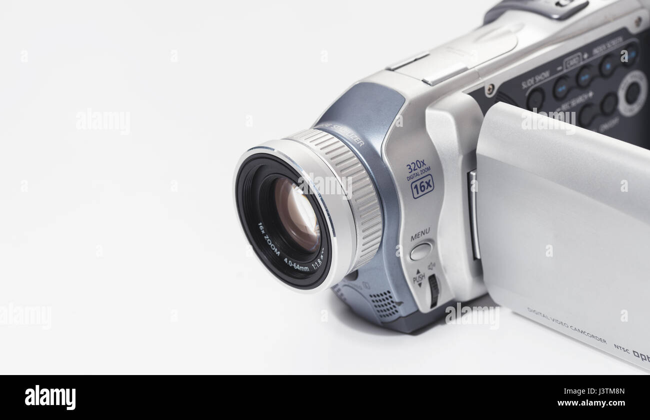 Front view of camcorder with view screen, isolated on white background Stock Photo