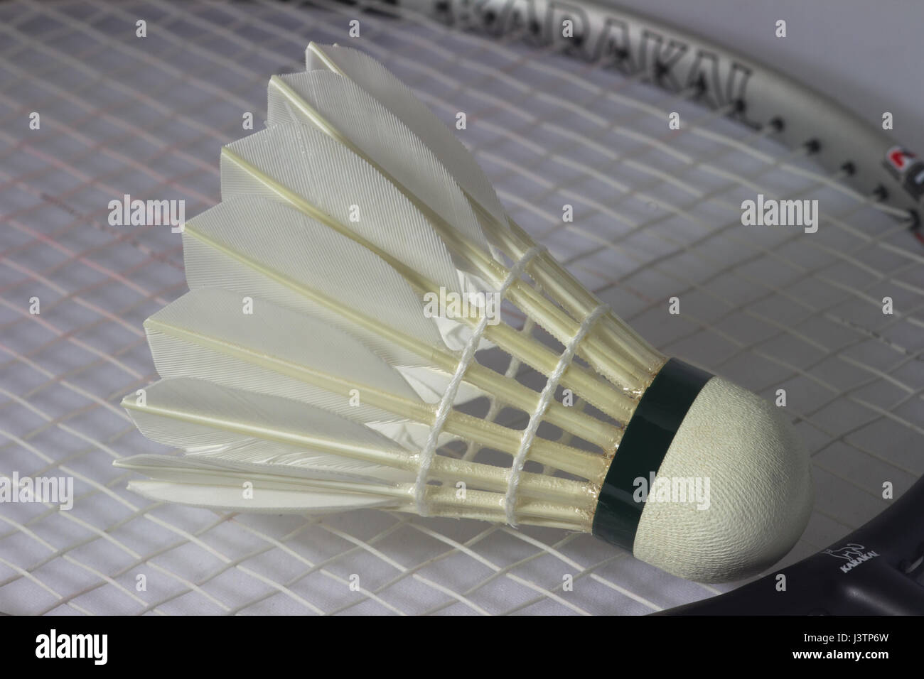 Feather Badminton shuttlecock  on racket Stock Photo