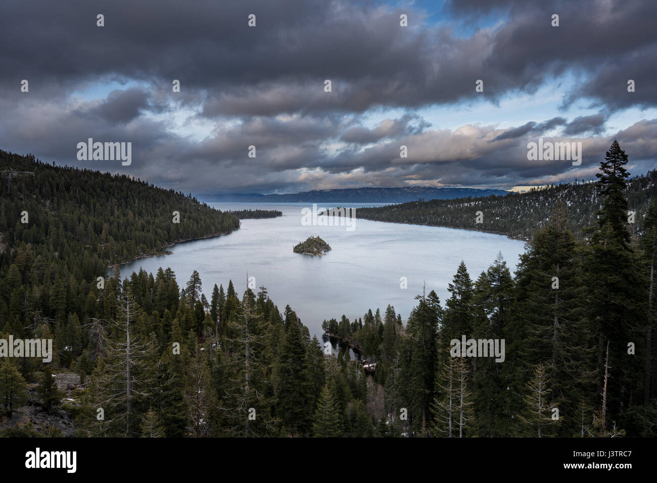 Emerald Bay on Lake Tahoe with snow on mountains Stock Photo