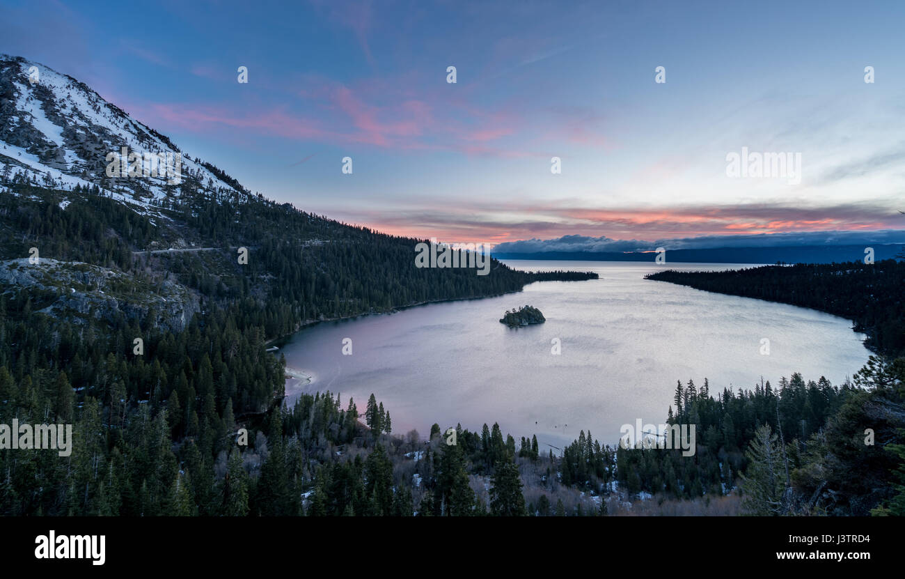 Emerald Bay on Lake Tahoe with snow on mountains Stock Photo