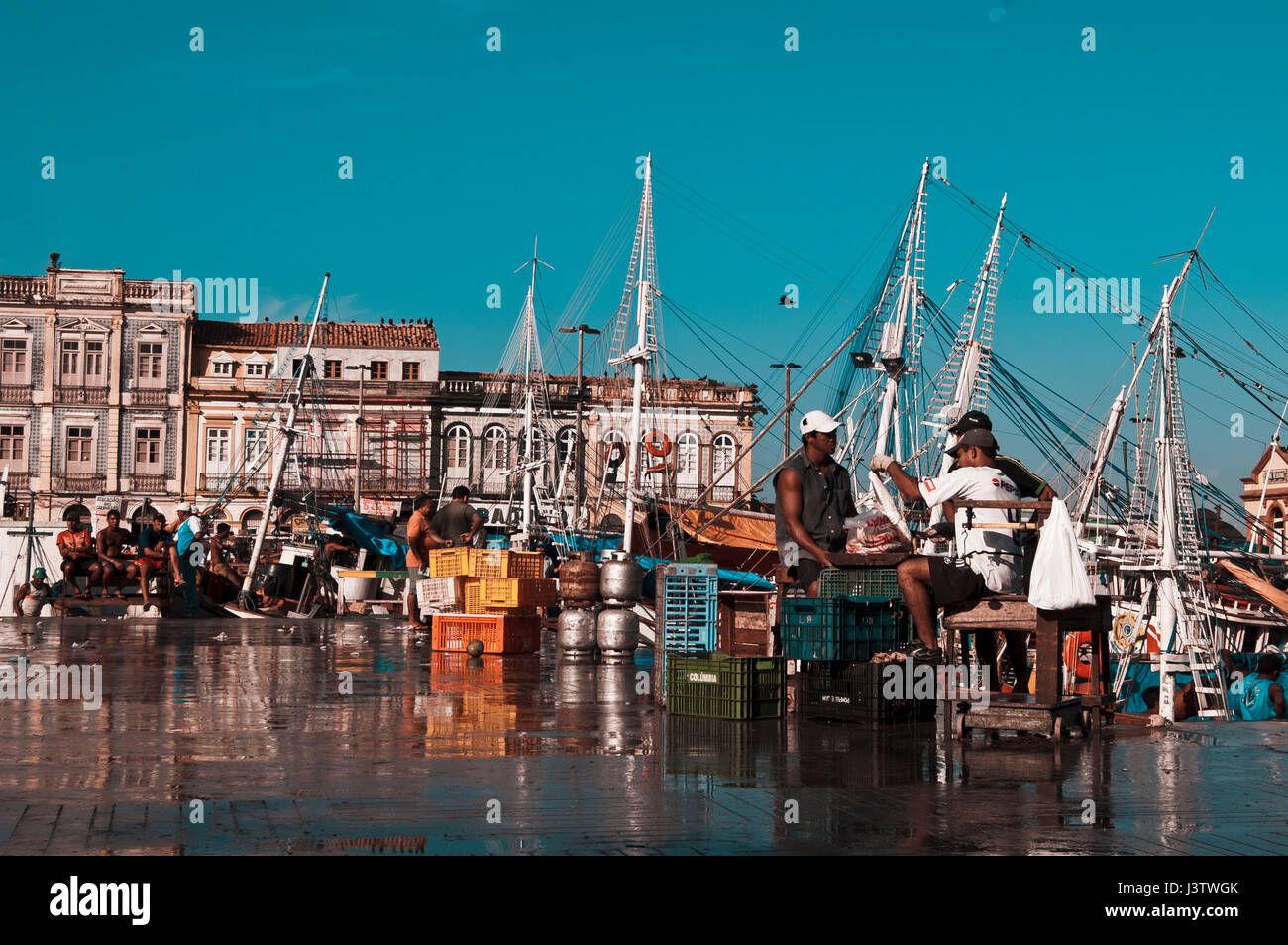 Brazil,  fishermen in the harbour of Belém do Pará Stock Photo