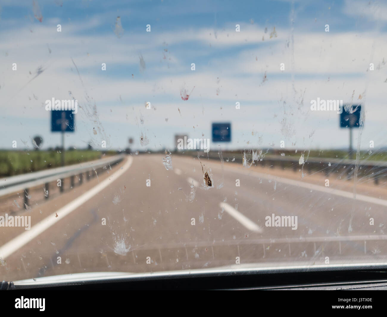 Splattering of dead insects on a car windscreen, windshield whilst driving along a road with signs and road  white markings. Stock Photo