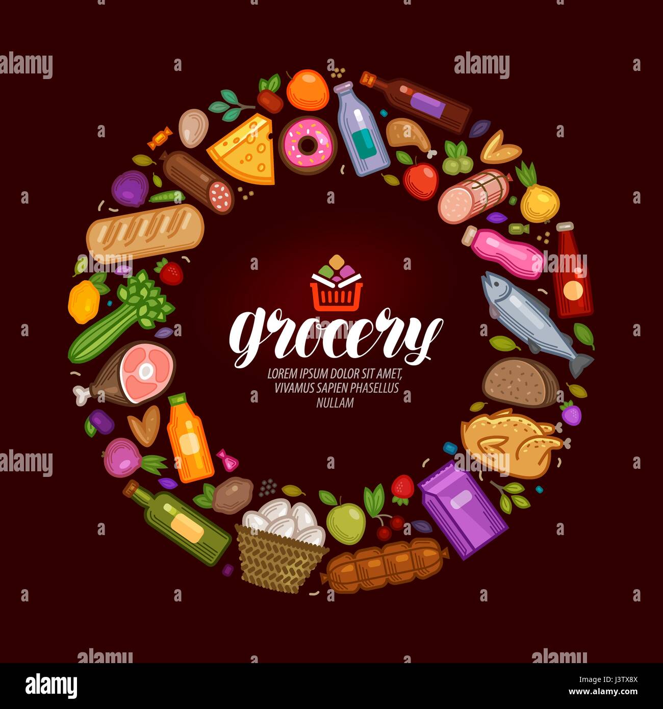 Grocery banner. Food and drinks icons set. Vector illustration Stock Vector