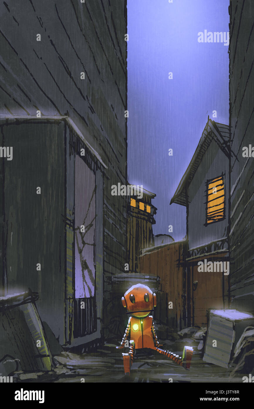 night scene of little robot left alone in dirty alley with digital art style, illustration painting Stock Photo