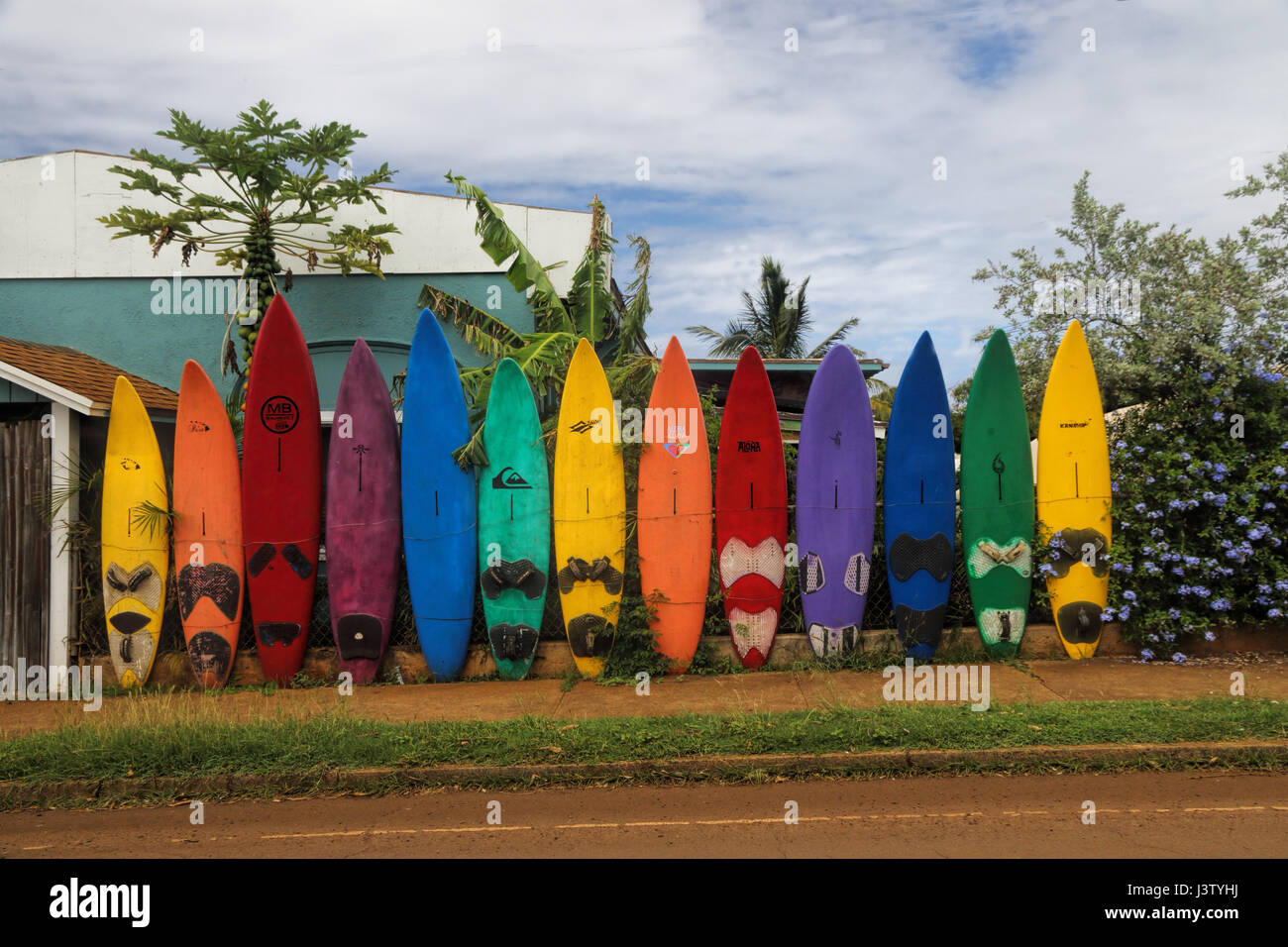 Colorful surf board wall in Paia on Maui Stock Photo Alamy