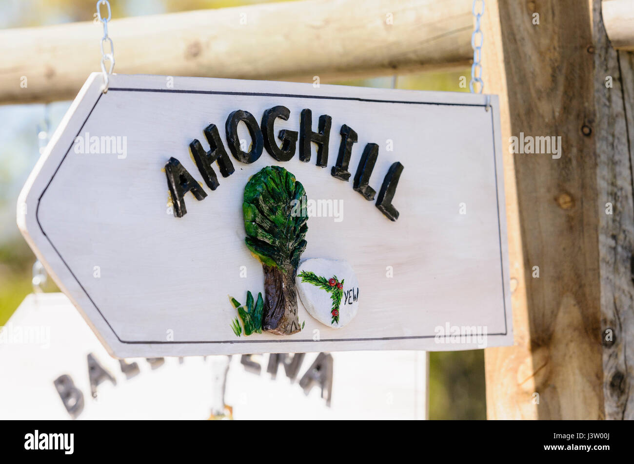 Handmade garden Direction sign to Ahoghill, Northern Ireland Stock Photo