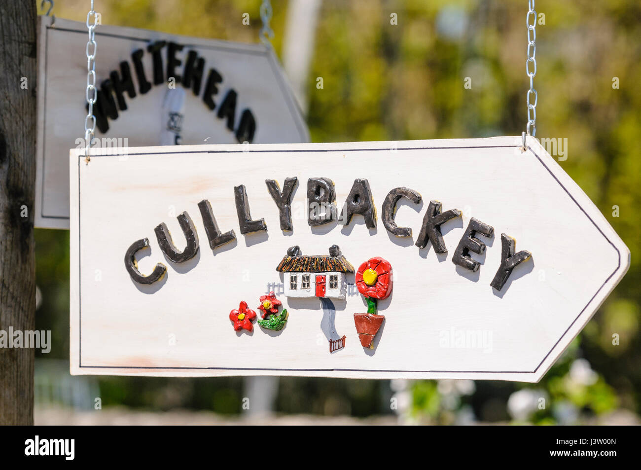 Handmade garden Direction sign to Cullybackey, Northern Ireland Stock Photo