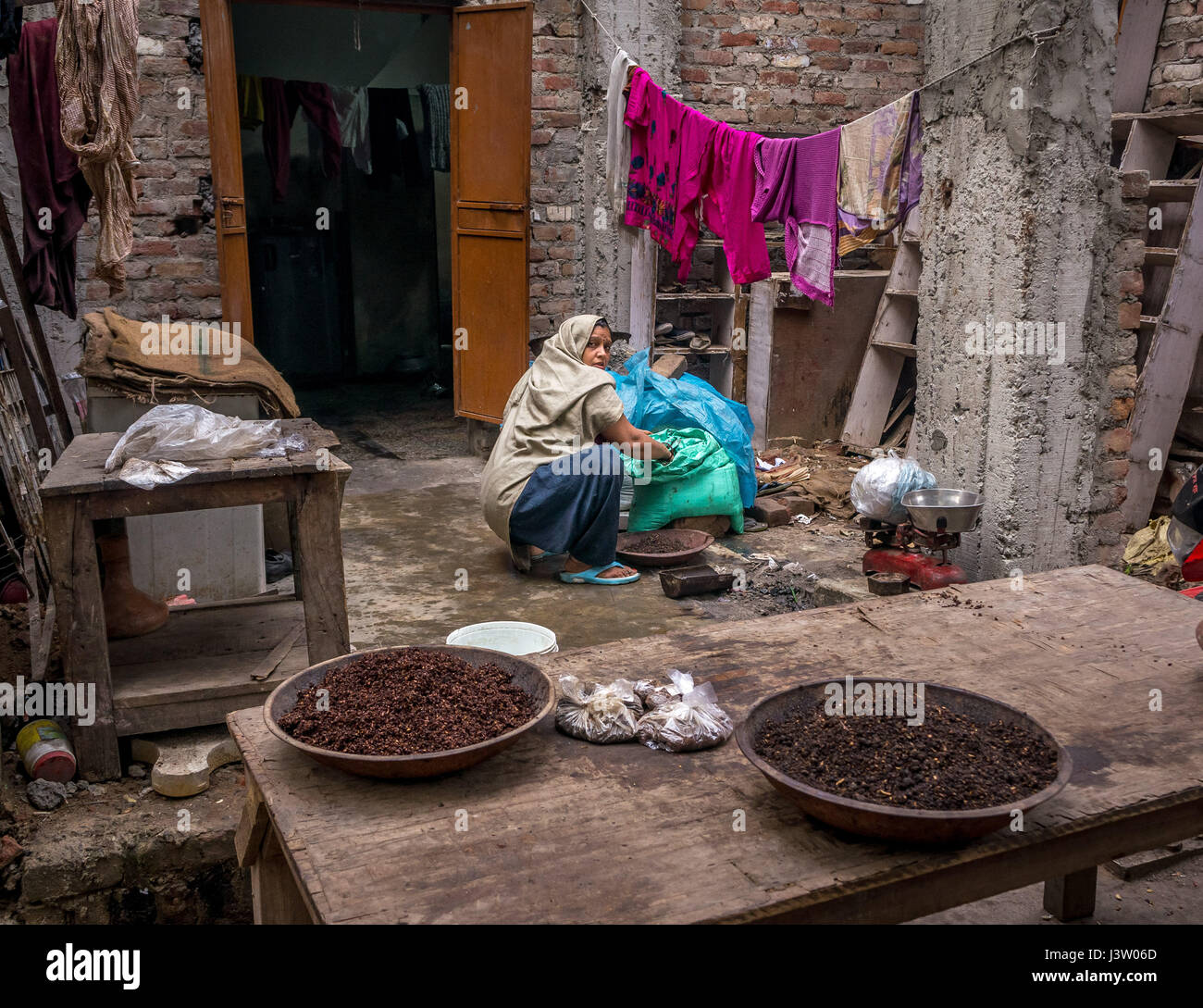 Woman measuring out spices in Delhi, India Stock Photo