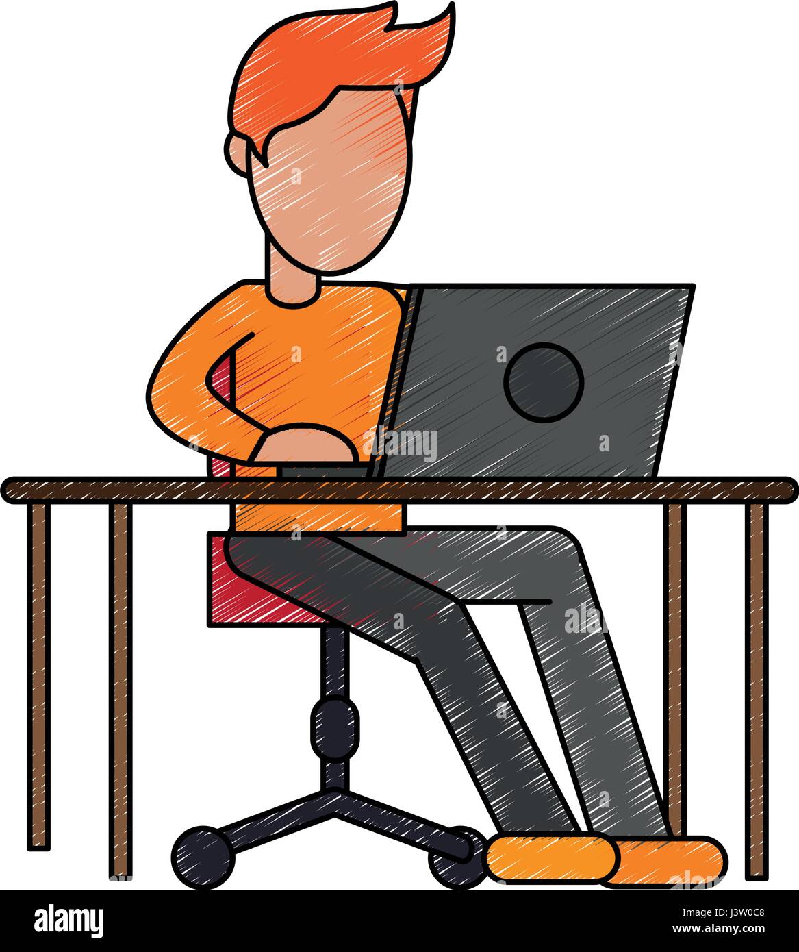 Color Pencil Image Cartoon Faceless Man Sitting In Desk With