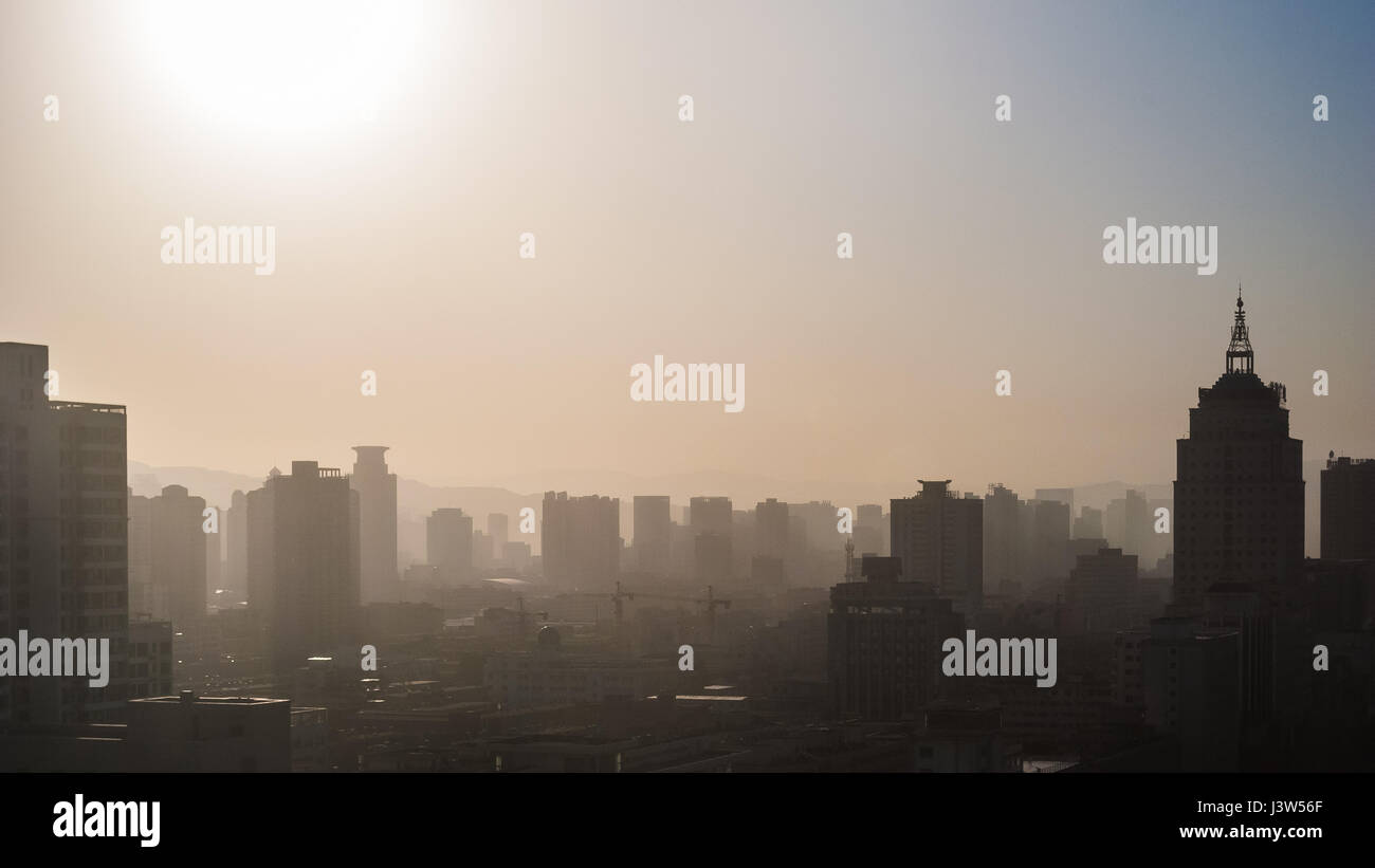 Skyline of the downtown of Lanzhou (Gansu region, China) during a hazy summer morning Stock Photo