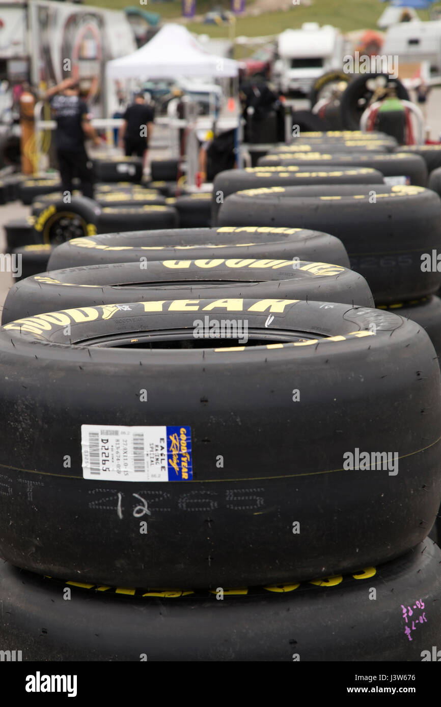 Racing Tires Stacked in Pits at Chevrolet Silverado 250 Weekend, Canadian Tire Motorsport Park, Mosport, Ontario, Canada Stock Photo