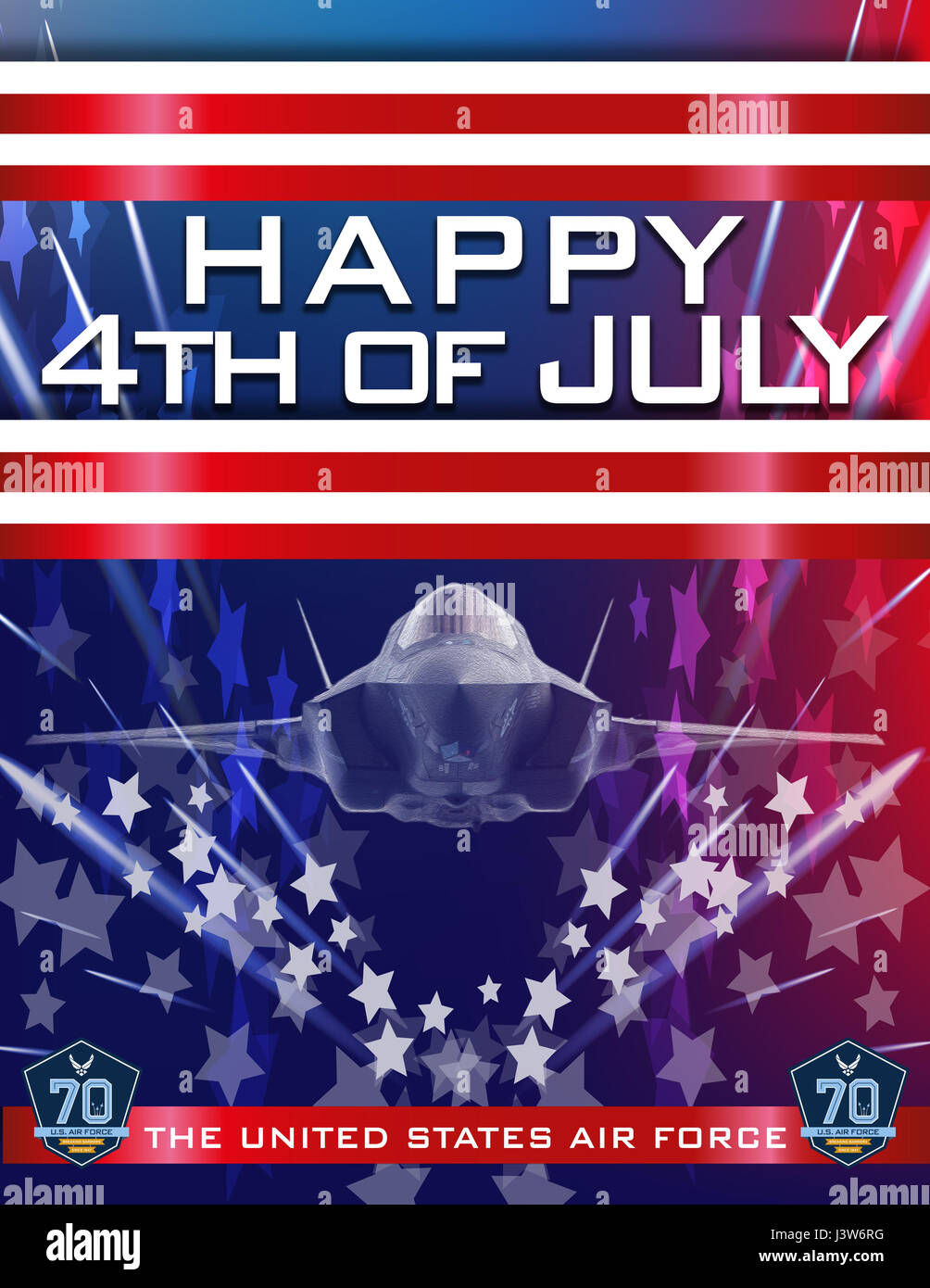 Patriotic Happy 4th of July celebration poster with AF 70th birthday marks Stock Photo
