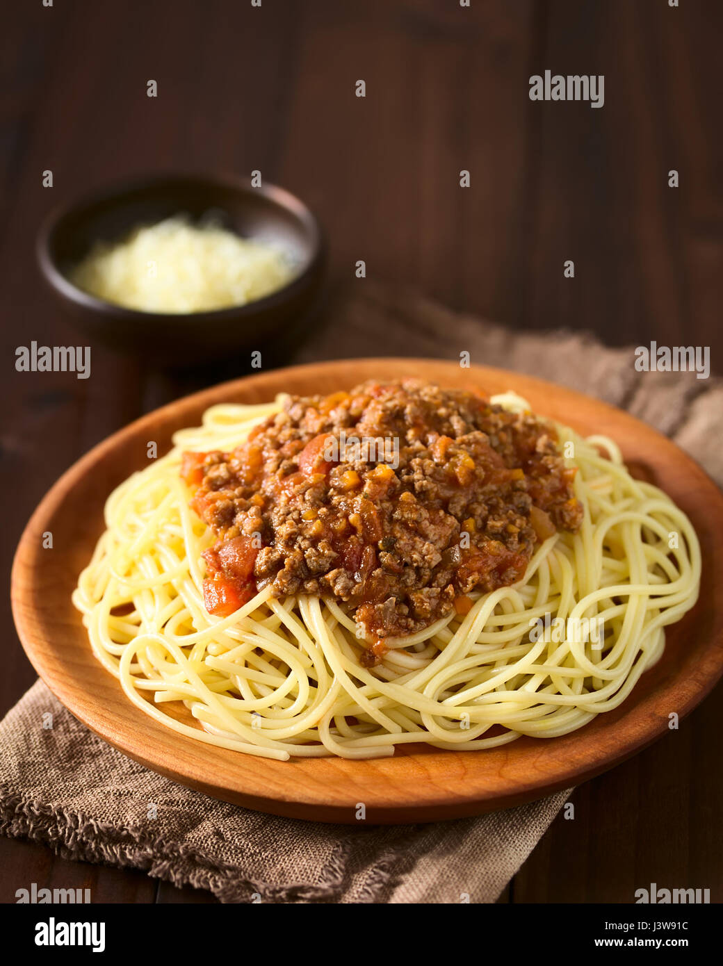 Spaghetti with homemade bolognese sauce made of fresh tomato, mincemeat