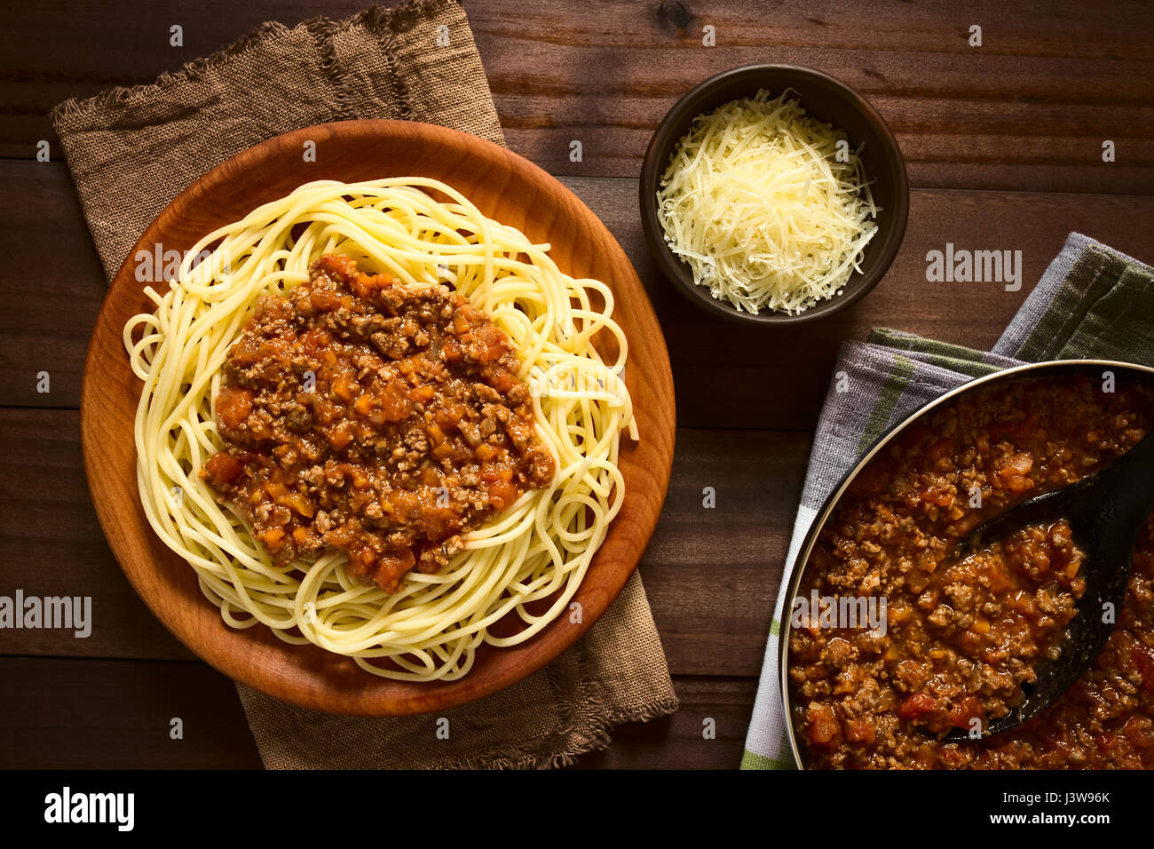 Spaghetti with homemade bolognese sauce made of fresh tomato, mincemeat