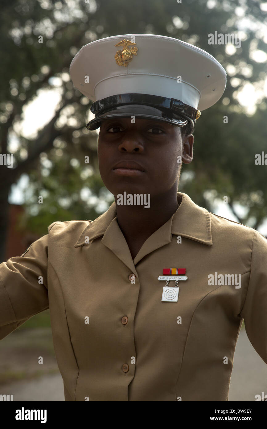 Pfc. Shania Hernandez, honor graduate for Platoon 4017, Oscar Company, 4th Recruit Training Battalion, graduated boot camp May 5, 2017. Hernandez is from Bronx, N.Y. (Photo by Lance Cpl. Maximiliano Bavastro) Stock Photo