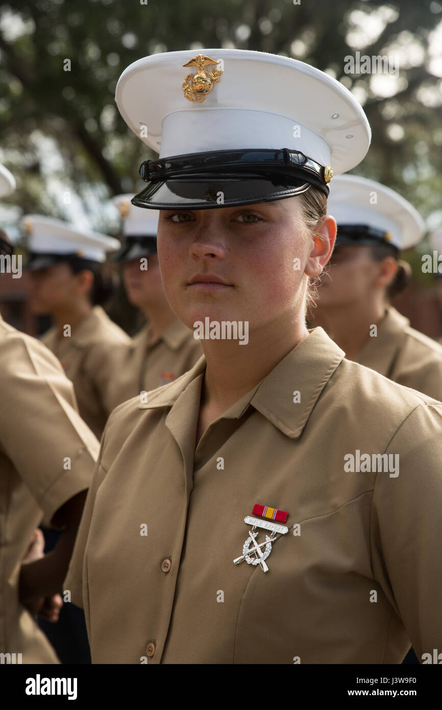 Pfc. Megan C. Patrick, the Oscar Company high shooter from Platoon 4017, scored 323 out of 350 points. Patrick graduated boot camp May 5, 2017, and is from Coldwater, Miss. (Photo by Lance Cpl. Maximiliano Bavastro) Stock Photo