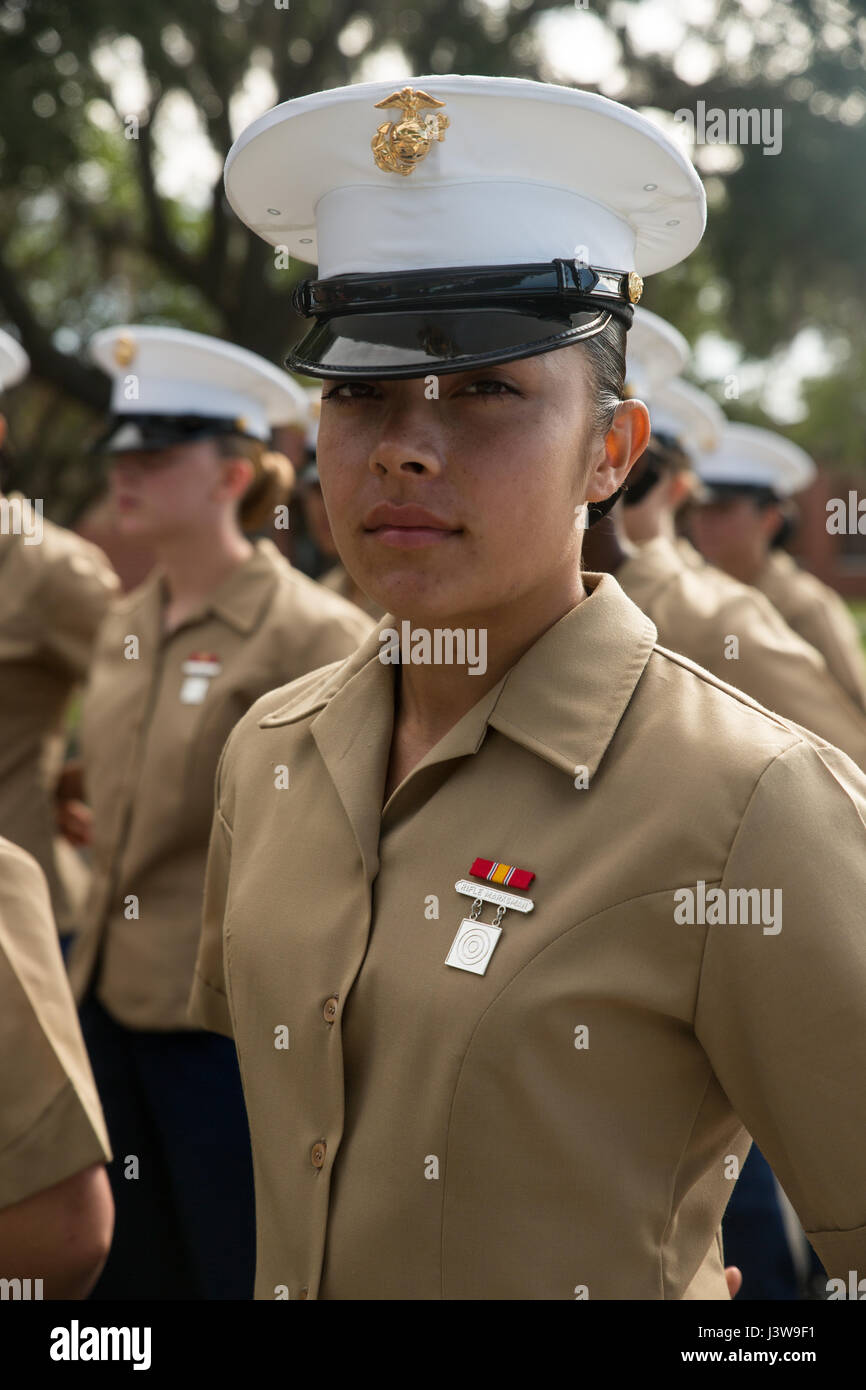 Pfc. Estefany G. Gomez Prado, with Platoon 4017, Oscar Company, 4th Recruit Training Battalion, earned the company's highest physical fitness and combat fitness score. Gomez Prado, a native of Antioch, Calif., earned a score of 598 out of 600 points and graduated boot camp May 5, 2017. (Photo by Lance Cpl. Maximiliano Bavastro) Stock Photo