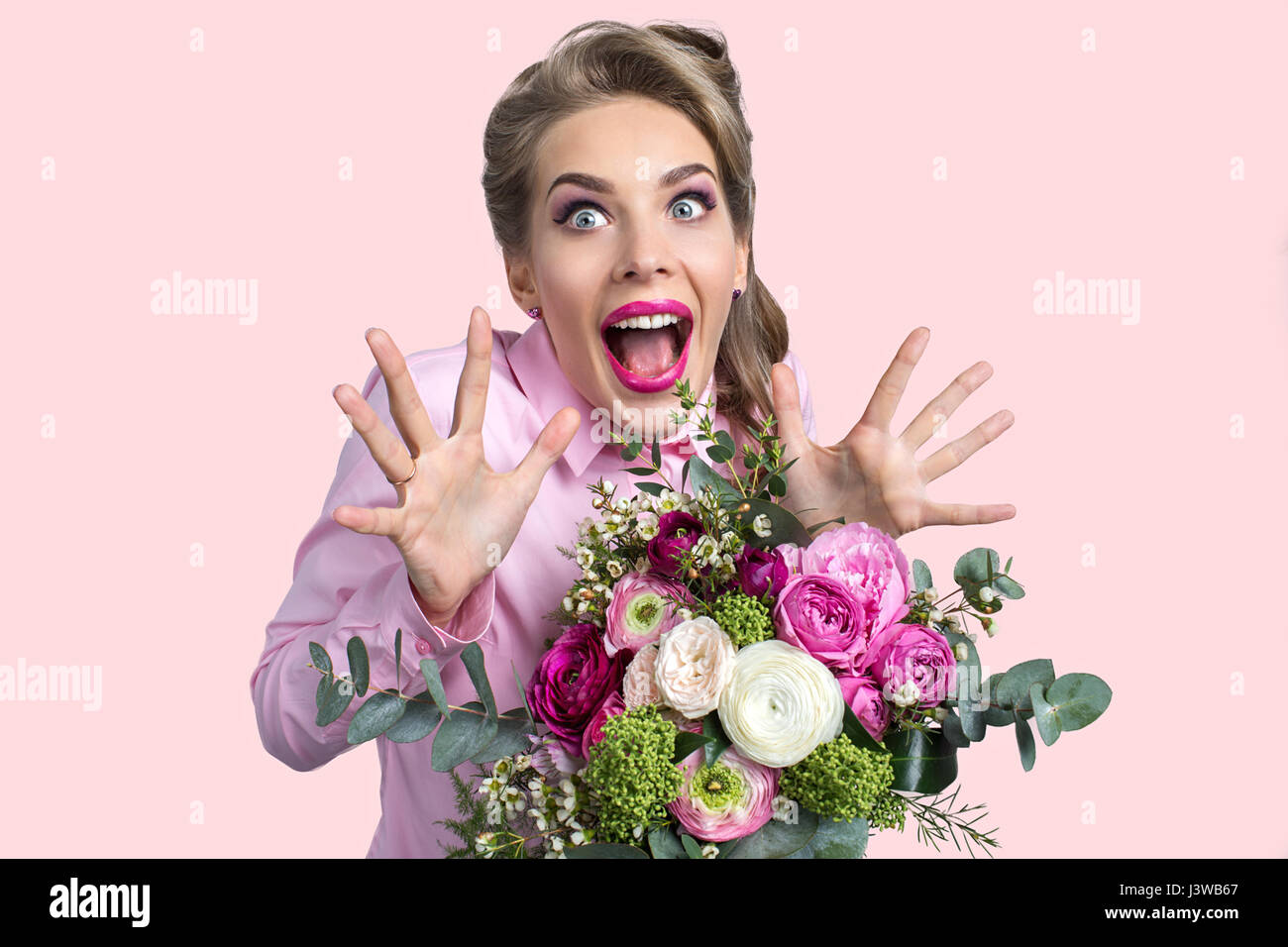 Woman surprised bunch flowers funny hi-res stock photography and images -  Alamy