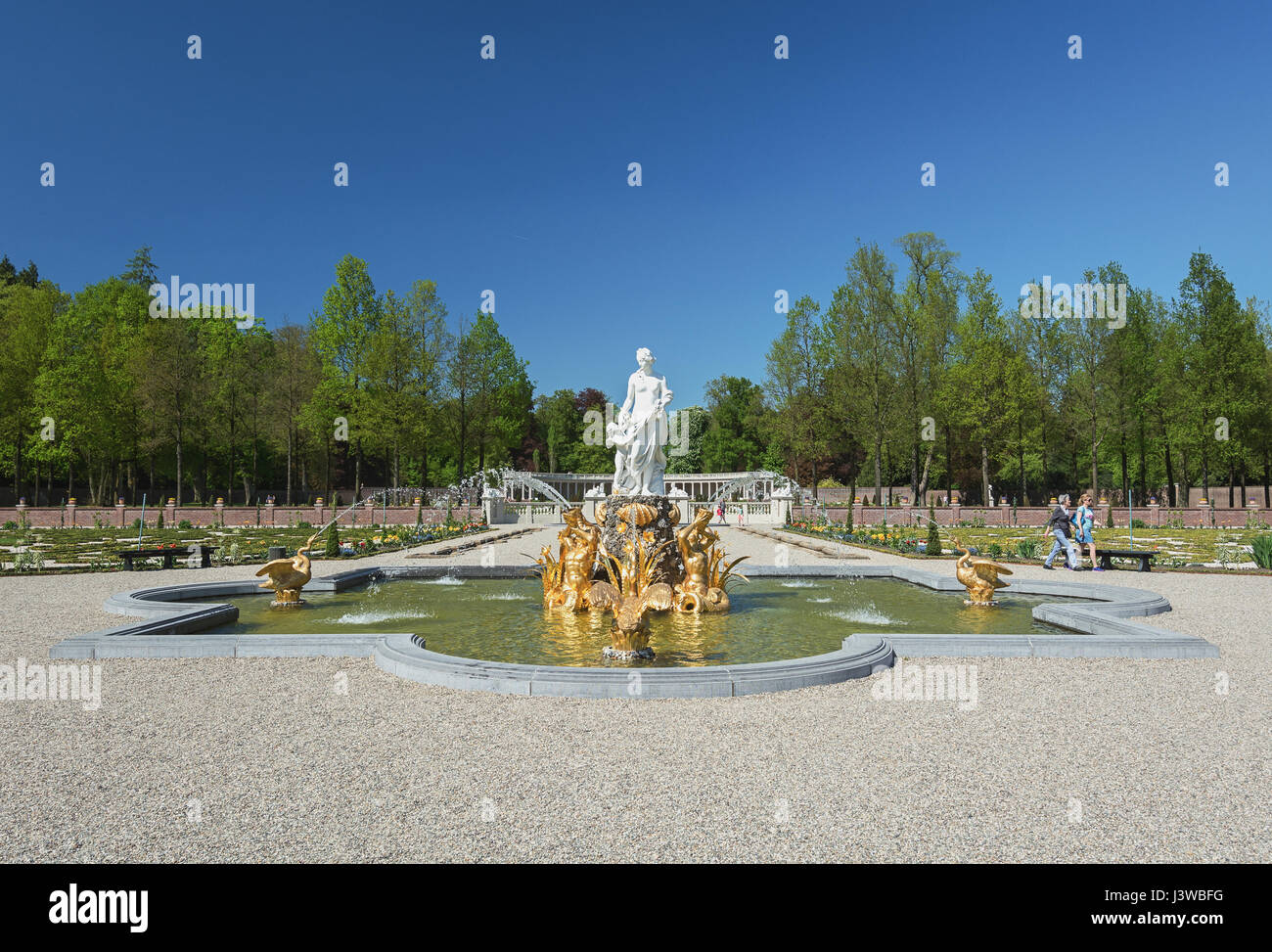 decorative pond with decorative greek sculptures in the Dutch baroque garden of The Loo Palace Stock Photo
