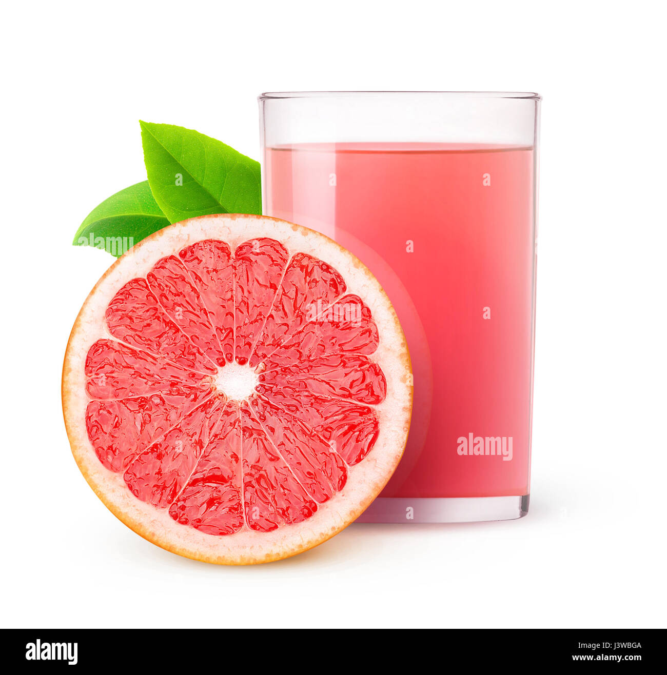 Isolated drink. Glass of pink grapefruit juice and one slice of fruit isolated on white background with clipping path Stock Photo