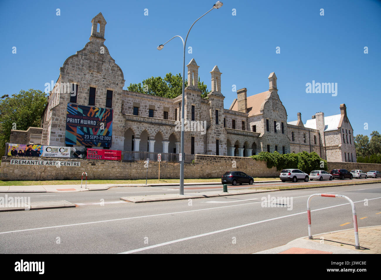 Front view of the historic limestone Fremantle Arts Centre building in