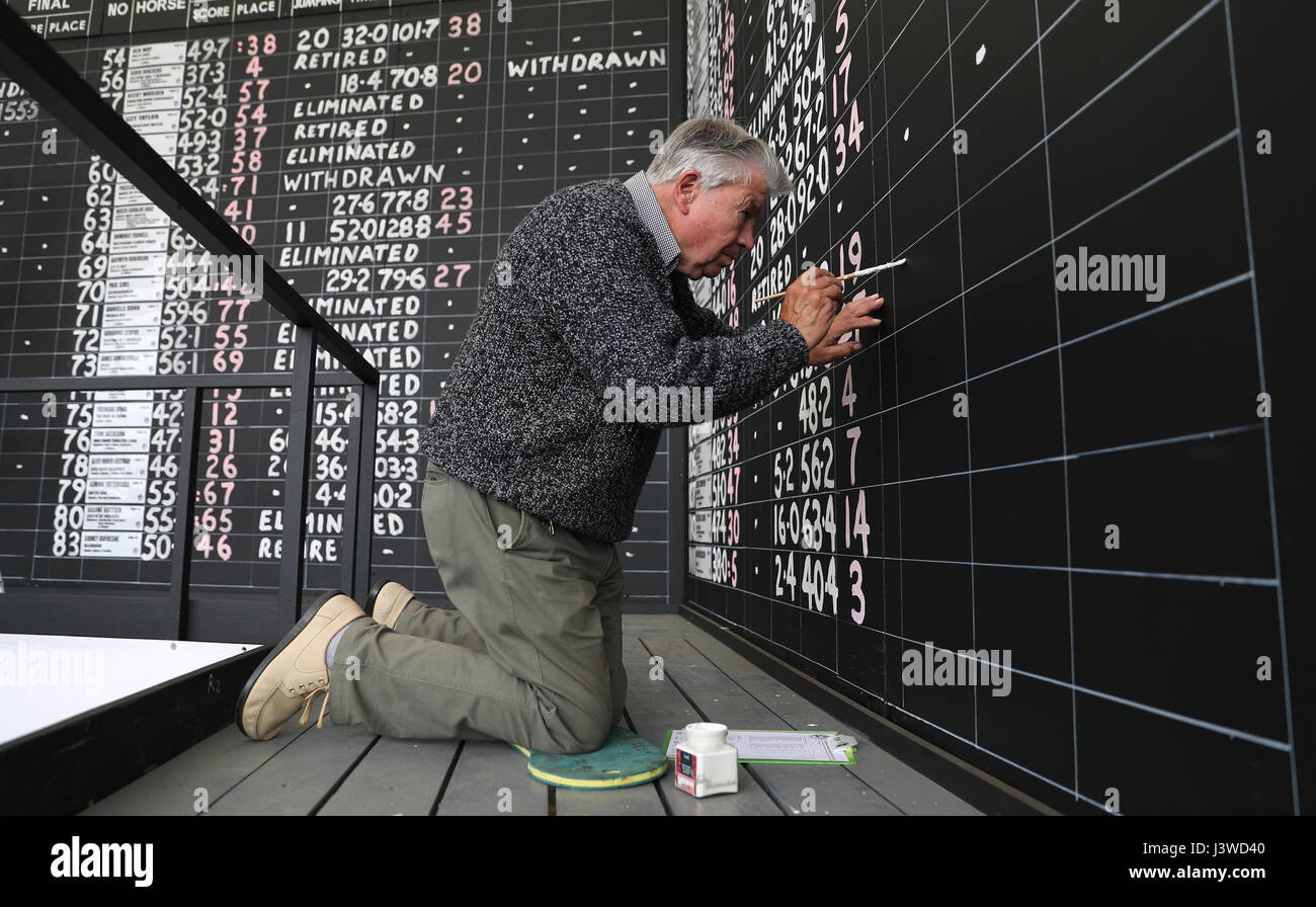 Scoreboard writer Gerald Kington, paints the scores from the show jumping on the main scoreboard during day five of the 2017 Badminton Horse Trials. Stock Photo