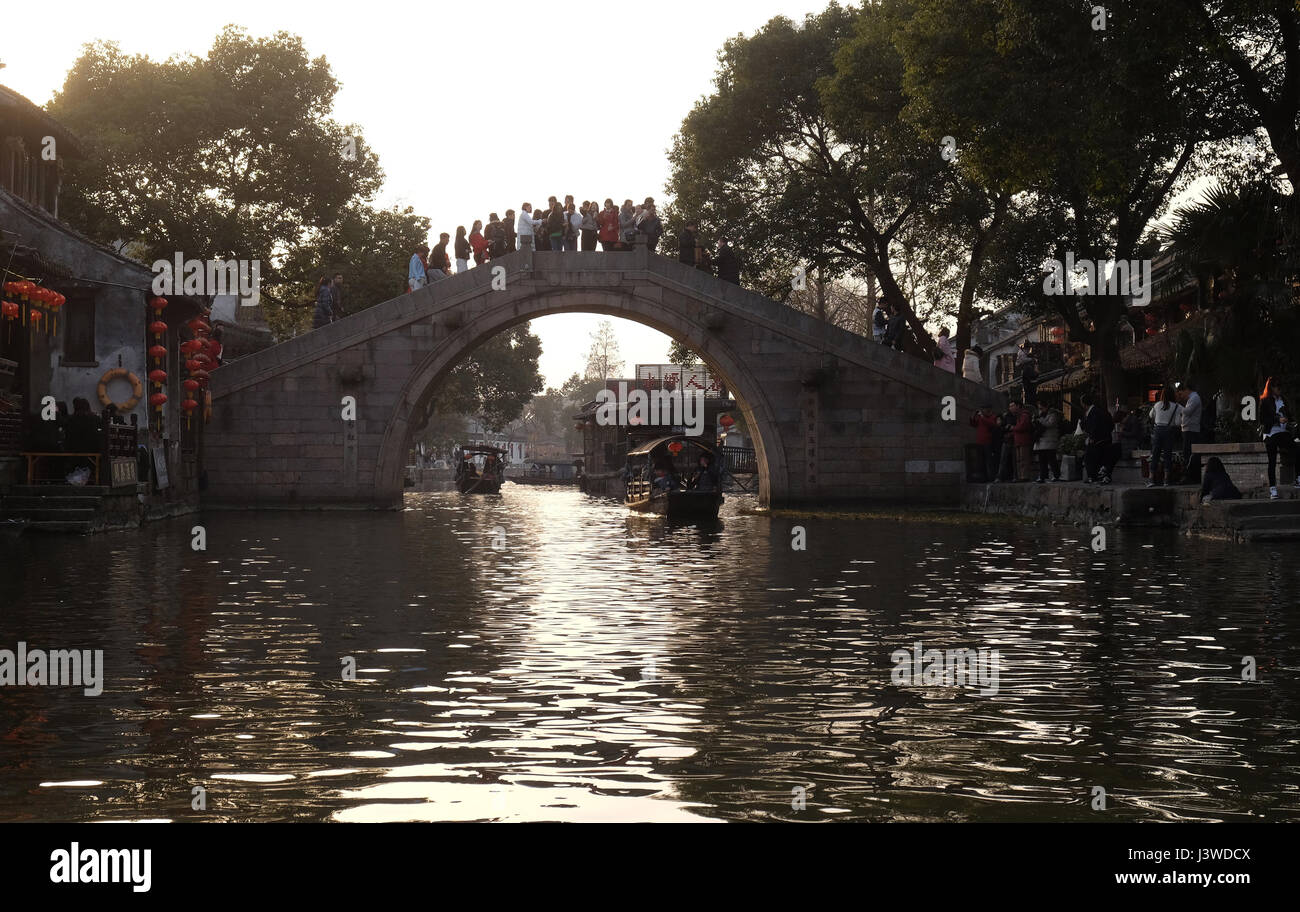 The Chinese architecture and buildings lining the water canals to Xitang town in Zhejiang Province, China, February 20, 2016. Stock Photo