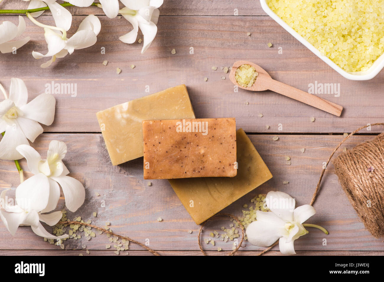 Handmade soap with white orchid. Spa products. Stock Photo