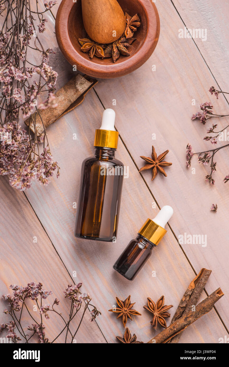 Bottle of aroma essential oil or spa and natural fragrance oil Stock Photo