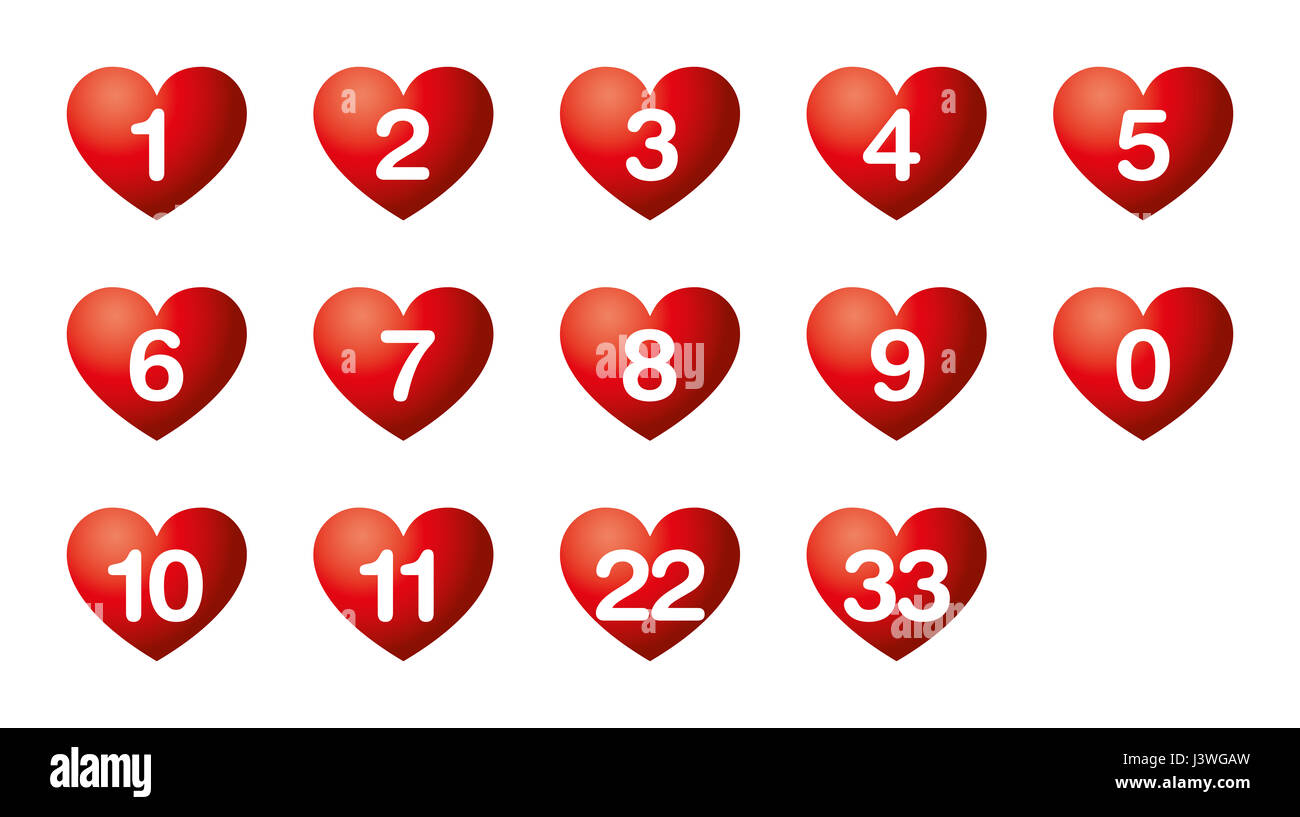 Heart's desire numbers. Numerology. Soul urge numbers in red heart symbols. The numbers reveal what we want more, what us drive, our inner urge. Stock Photo