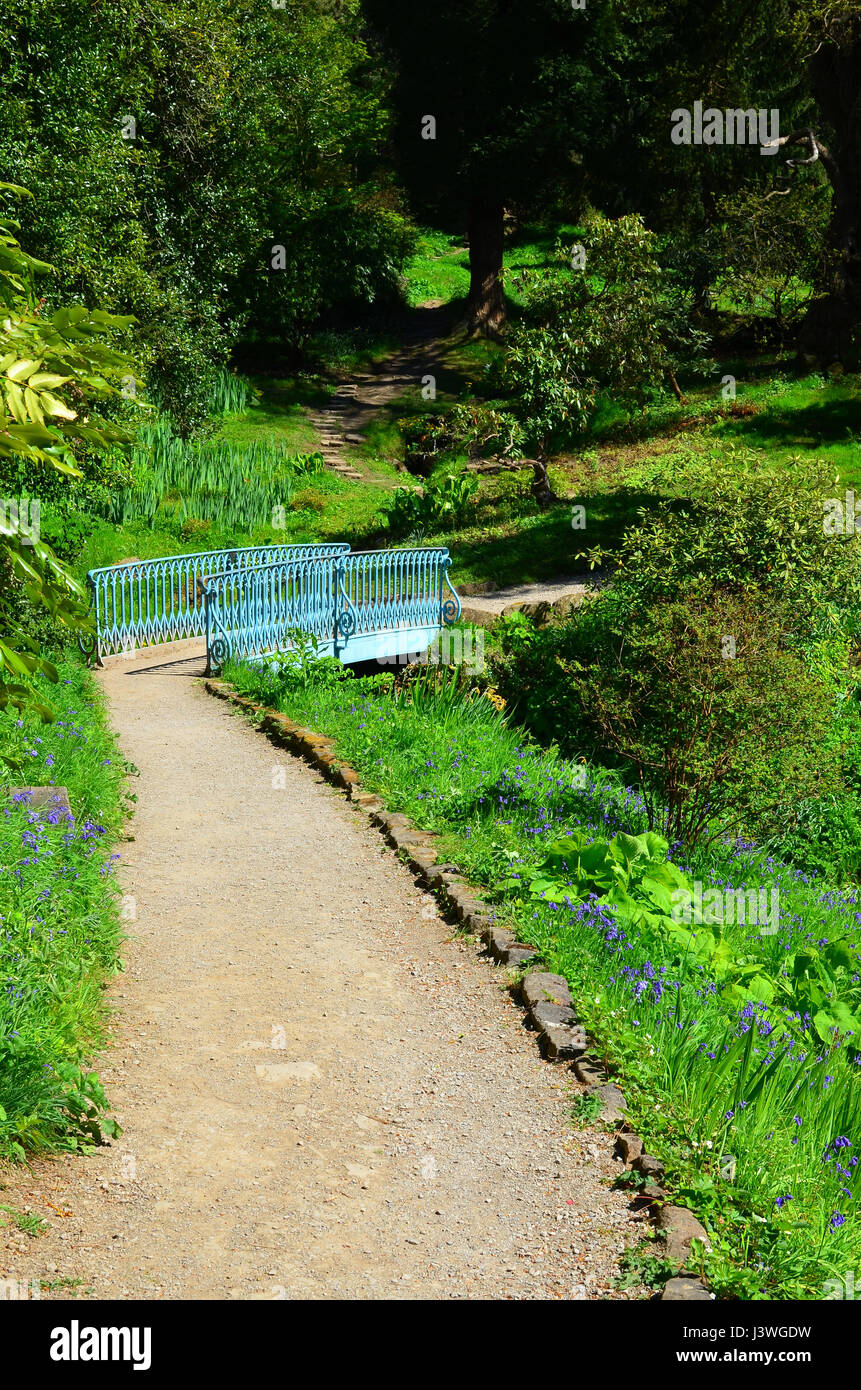 Blue Footbridge in the gardens of Chatsworth House, Chatsworth, near Bakewell, Derbyshire, England, UK Stock Photo