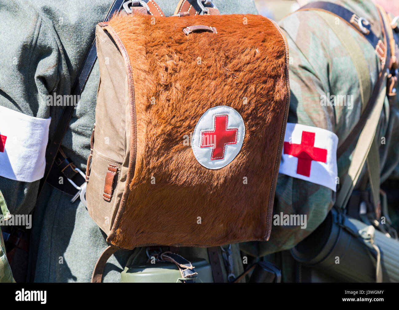 German military paramedic equipment with a red cross brassard and medical bag during the Second