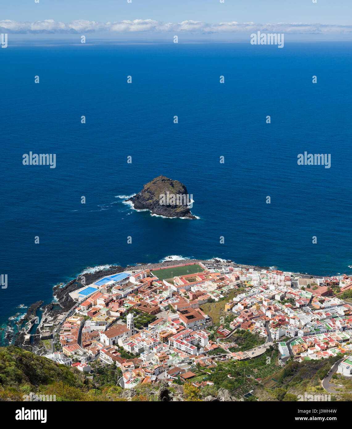 View over the port and tourist resort of Garachico, on the north coast of Tenerife, from Mirador El Lagorito, El Tanque Stock Photo