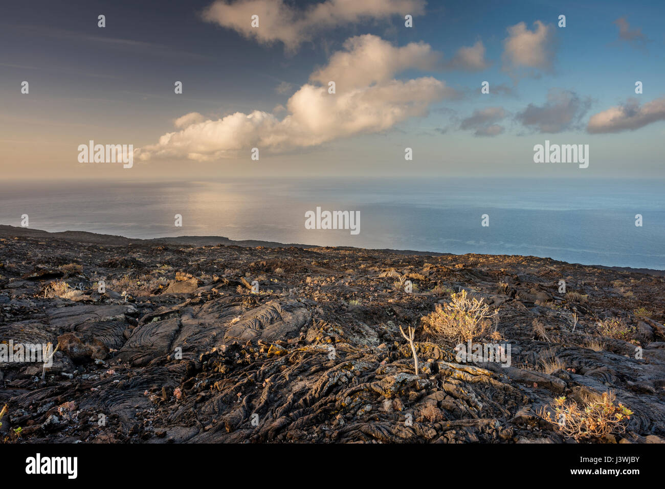 Pahoehoe or ropy basaltic lava flows at Tacoron on the south coast of El Hierro, Canary Islands, Spain Stock Photo