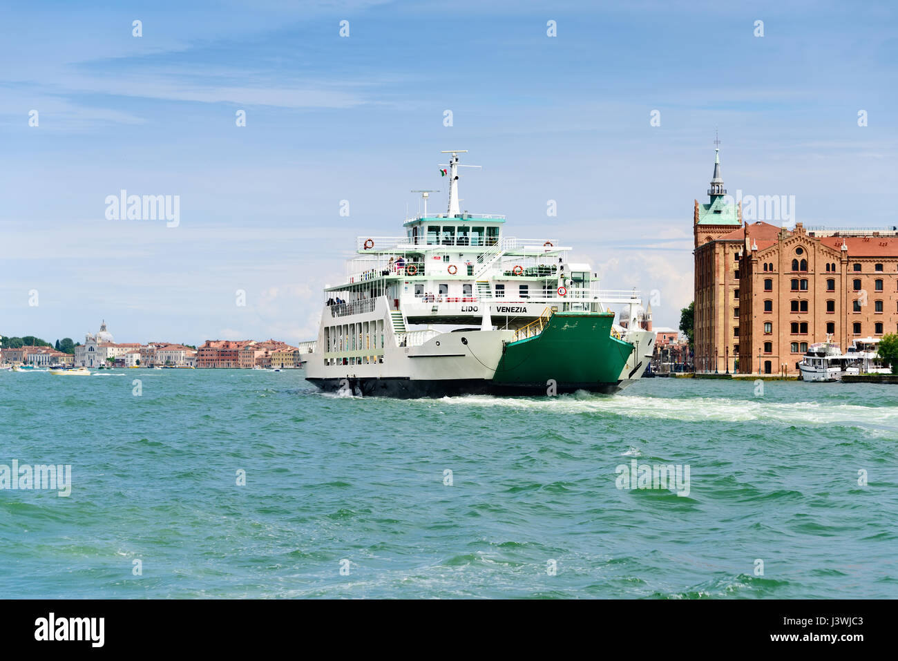 Venice, Italy - June 14, 2016: The Lido Di Venizia, a car ferry that transports cars, motorcycles, bicylces and foot passengers from the resort island Stock Photo