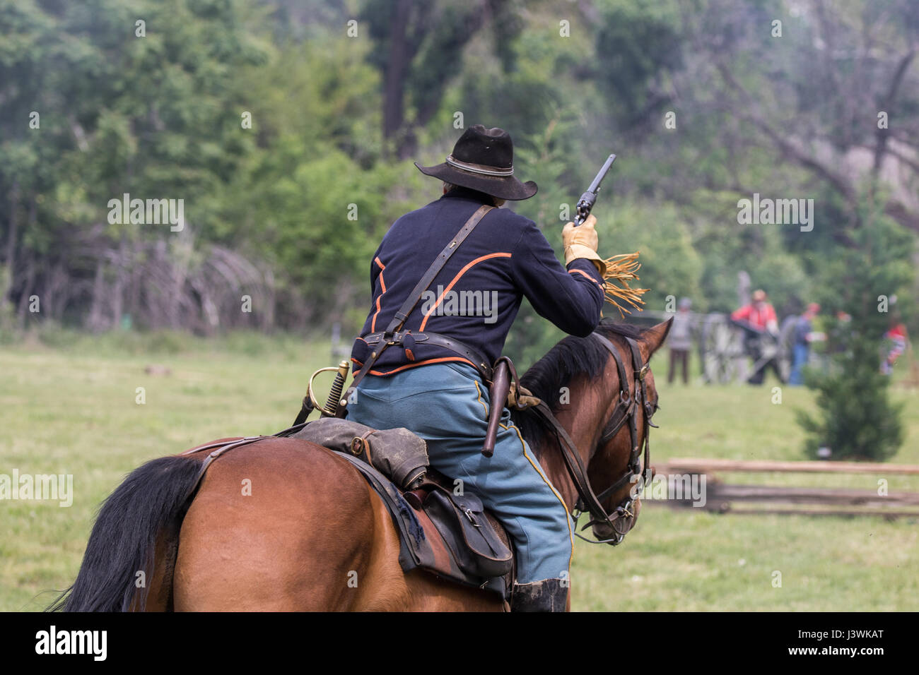 American Civil War action at the Dog Island  Reenactment in Red Bluff,  California. Stock Photo