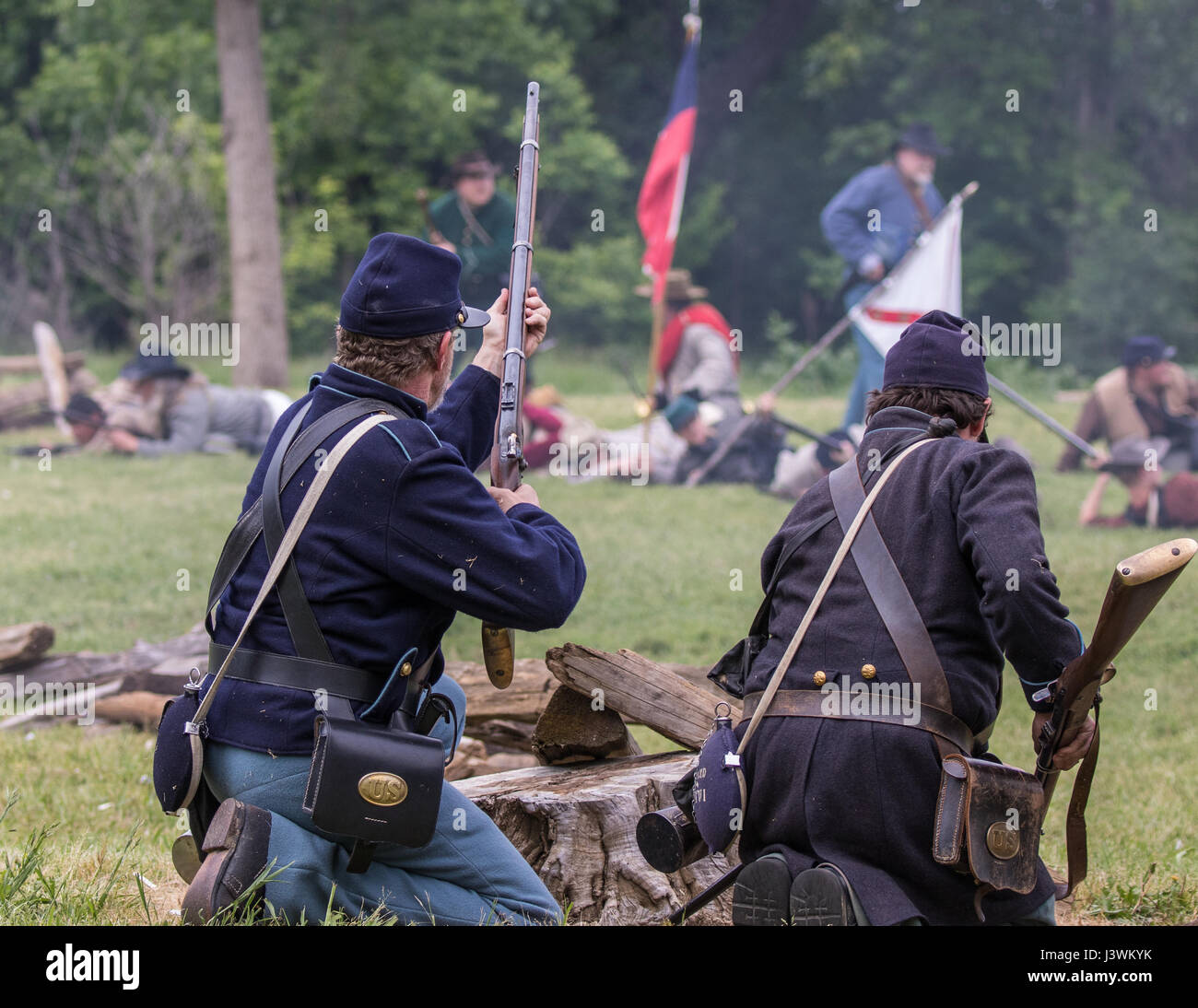 American Civil War action at the Dog Island  Reenactment in Red Bluff,  California. Stock Photo